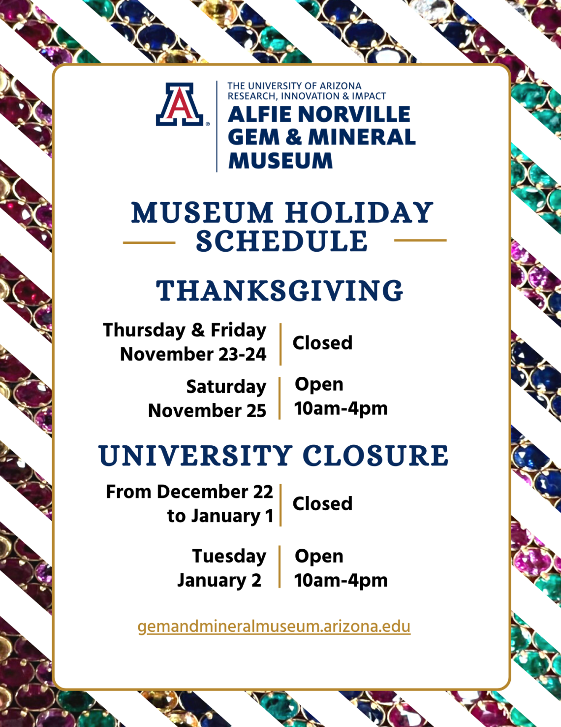 Museum Holiday Schedule: Thanksgiving closed Thursday November 23 and Friday November 24. Museum will be open Saturday November 25. For the University closure in December, the museum will be closed starting December 22nd through January 1st. We will resume our established hours of Tuesday-Saturday 10am-4pm on Tuesday January 2nd. 